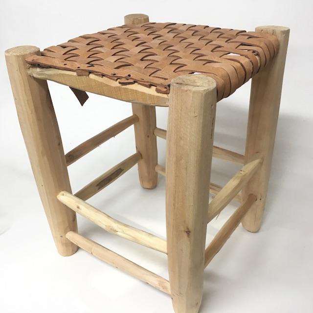 STOOL, Raw Timber w Leather Woven Seat 40cm H